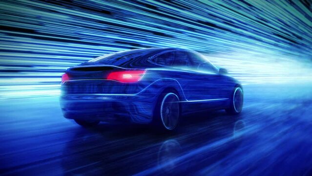 3D Electric Generic Futuristic Car Driving at High Speed. Neon Lights on Tunnel. Powerful Acceleration of Supercar At Night.
