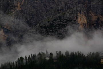 Fototapeta na wymiar Misty morning in the forest in Cortina d'Ampezzo