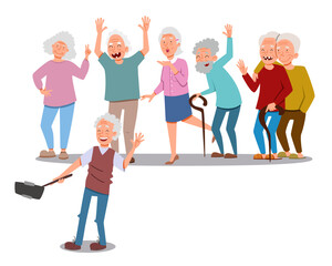 Fototapeta premium A group of cheerful elderly friends takes a picture on a selfie stick. Flat vector illustration in cartoon style.