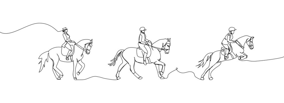 Equestrian sport, horse racing set one line art. Continuous line drawing horseback riding, rider, saddle, horse, polo, galloping, trotting, sport, competition.