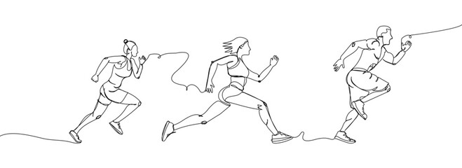 Man and woman running, sprinter set one line art. Continuous line drawing sports, fitness, physical education, athletics, run, jogging, gym, sexy body, fast run, speed, human. © sahs94