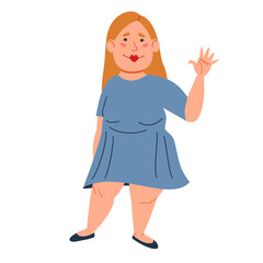 A fashionable plump girl in casual clothes greets. Friendly greeting of a young woman. Vector illustration in a flat style, isolated on a white background.