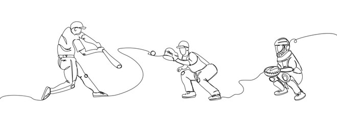 Fototapeta na wymiar Baseball players set one line art. Continuous line drawing sport, team game, catch ball, pitcher, baseball glove, protective uniform, batter, pitcher, catcher, baseball uniform, man, leisure, hobby.