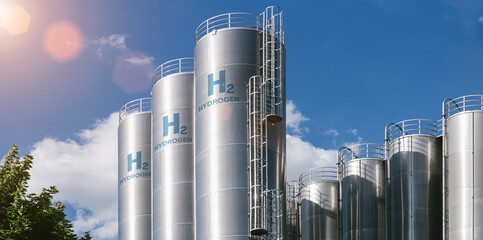 Hydrogen renewable energy production - hydrogen gas for clean electricity solar and windturbine facility - 525618334