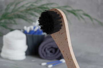 Dry massage brush close-up, cotton pads, cotton buds, blue cotton buds, makeup remover pads, skin care cosmetics, self-care concept, concept clean facial skin