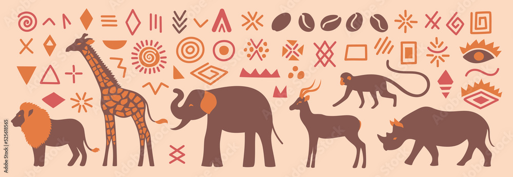 Wall mural Abstract African set with abstract wild animals. Ethical minimalist wrapping paper. Afro oriental wallpaper. Beautiful geometric simple shapes. Elephant, lion, giraffe, rhino, monkey, antelope.