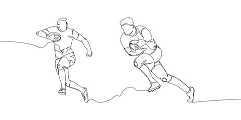 Rugby players with ball, forward set one line art. Continuous line drawing American football, game, sport, soccer ball, activity, training, running, competition, cleats.