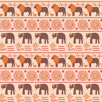 Abstract African seamless pattern with wild animals. Ethical minimalist wrapping paper. Afro oriental wallpaper. Beautiful geometric simple shapes. Elephant, lion. Vector illustration