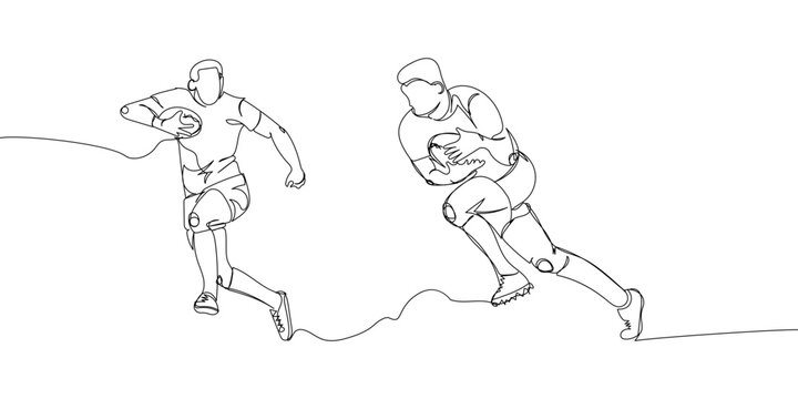 Rugby players with ball, forward set one line art. Continuous line drawing American football, game, sport, soccer ball, activity, training, running, competition, cleats.