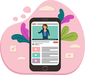 Blogger in handphone. Smiling man on review or vlog. png file