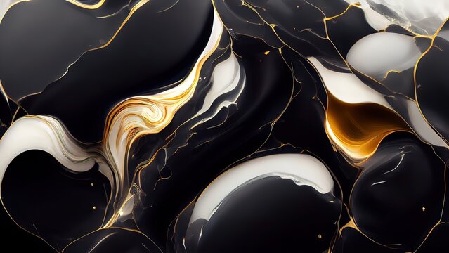 Black and yellow, gold luxurious background. Melted obsidian, marble with gold, yellow hints. Fluid, liquid texture. Smooth abstract wallpaper. High quality, 4k, fashion web banner, backdrop.