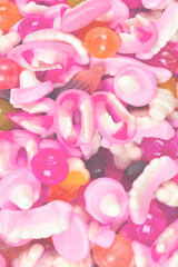 Assorted gummy candies. Top view. Jelly  sweets.