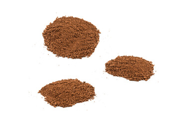 Makeup cosmetics. Eyeshadow in brown color crushed palette, colorful eye shadow powder on white background