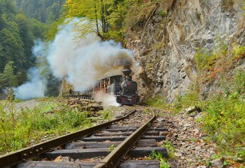 Steam train on narrow gauge railway in Viseu de Sus, Romania - obrazy, fototapety, plakaty