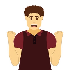 Man smiles and rejoices in success. Human with arms bent at the elbows. Concept of a strong, successful leader in a team. Curly hair, polo shirt, T-shirt. Excitement emotion. Vector flat illustration.