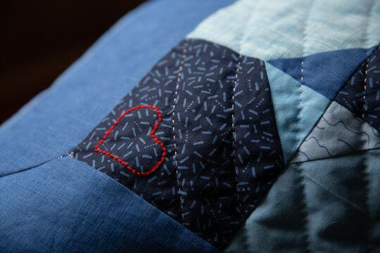 Hand Sewn Red Heart Of Blue Quilt