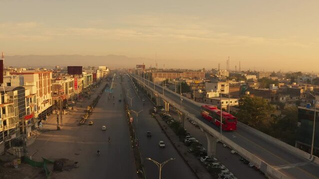 Aerial view of Murree road in Rawalpindi,Pakistan during the sunset