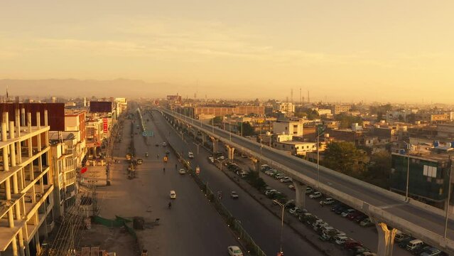 Aerial view of Murree road in Rawalpindi,Pakistan during the sunset