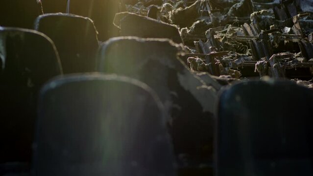 Seats in a multi-screen cinema were on fire after a fire from a rocket explosion during the war and Russian aggression in Ukraine