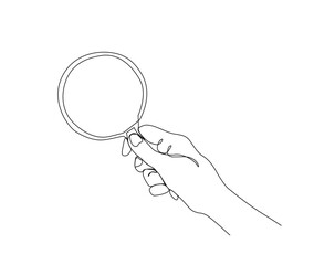 Continuous line drawing of magnifying glass. Hand holding magnifying glass line art drawing vector illustration.