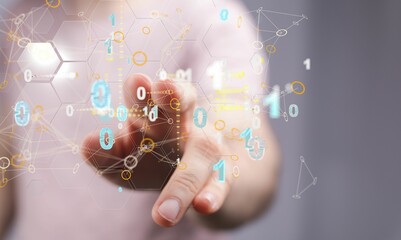 Man tapping a floating 3D rendered number icons