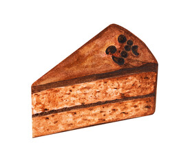 Chocolate cake with chocolate chips, hand drawn watercolor.