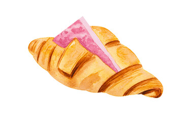 Croissant with ham and cheese. Hand drawn watercolor.