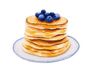 Pancakes with blueberries, hand drawn watercolor.