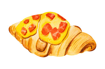 Croissant with bacon and cheese. Hand drawn watercolor.