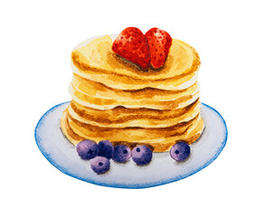 Pancakes with strawberries and blueberries, hand drawn watercolor.