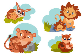 Cartoon cute forest animals with sleeping baby. Family set of brown lion, tiger, fox and rabbit characters with little newborn childs. Happy mothers with small kids flat vector illustration.