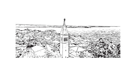 Building view with landmark of Novigrad is a free city within Redania. Hand drawn sketch illustration in vector.