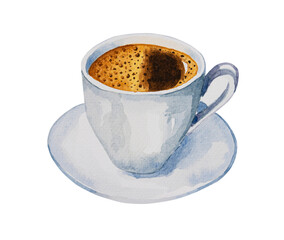 Espresso coffee in ceramic cup. Hand drawn watercolor. - 525628162