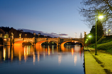 Turin (Torino) beautiful view on river Po at sunset - 525628901