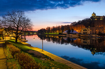 Turin (Torino) beautiful view on river Po at sunset - 525628920