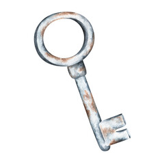 Rusty iron key. Watercolor illustration. Isolated on a white background.