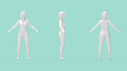 3D rendering of a sporty underwear posing fit woman human standing and posing Confidence inspired healthy fitness animation render. Isolated in empty space background. Anatomy arms wide.