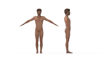 Fototapeta na wymiar 3D rendering of a naked man human being standing and posing with his arms wide spread anatomy Isolated in empty space background.