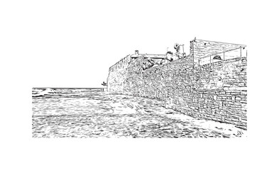 Building view with landmark of Novigrad is a free city within Redania. Hand drawn sketch illustration in vector.