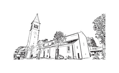 Building view with landmark of Novigrad is a free city within Redania. Hand drawn sketch illustration in vector.