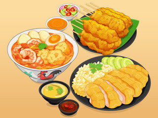 Laksa singapore noodles food menu close up illustration vector. Thai Pork satay with spices and peanut sauce recipe. Asian food hainanese chicken rice on black plate.
Famous singapore foods set.