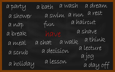 Learn collocations word in English language with have on black chalkboard background. 