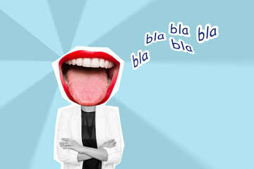 Young business woman headed by wide open mouth shows tongue with text bla bla on blue color...