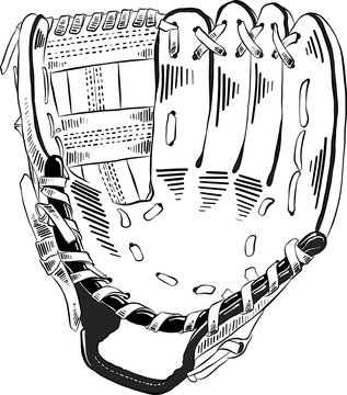 PNG engraved style illustration for posters, decoration and print. Hand drawn sketch of baseball glove in black isolated on white background. Detailed vintage etching style drawing.