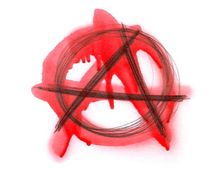 Anarchy symbol drawing, punk sign and red spray stain dripping drops