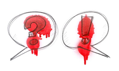Question and exclamation mark in speech bubble and red spray stain dripping drops