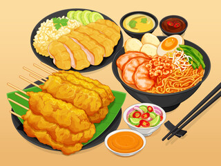 Thai Pork satay with spices and peanut sauce recipe. Asian prawn noodle soup. Penang hokkien mee recipe. Chinese hainan chicken rice recipe illustration vector. Famous singapore foods set.