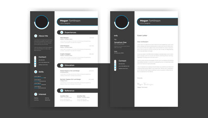 Professional and Clean CV Resume Template Design and Letterhead  Cover Letter for Ui Ux Designer. Cv Layout with Photo Placeholder. Vector Minimalist Style