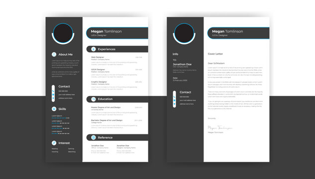 Professional And Clean CV Resume Template Design And Letterhead  Cover Letter For Ui Ux Designer. Cv Layout With Photo Placeholder. Vector Minimalist Style