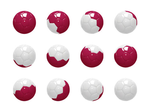 Set of Soccer Balls. Football Balls cartoon shiny plastic realistic 3d render. White, Maroon and styled after the Flag of Qatar. Mockup of sports elements isolated on white. 3d vector